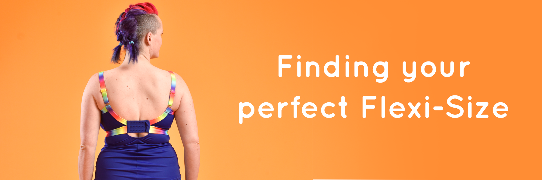 Claire has her back to the camera and is looking off to the side. She is wearing a Molke Rainbow Tankini. Text reads Finding your perfect Flexi-Size